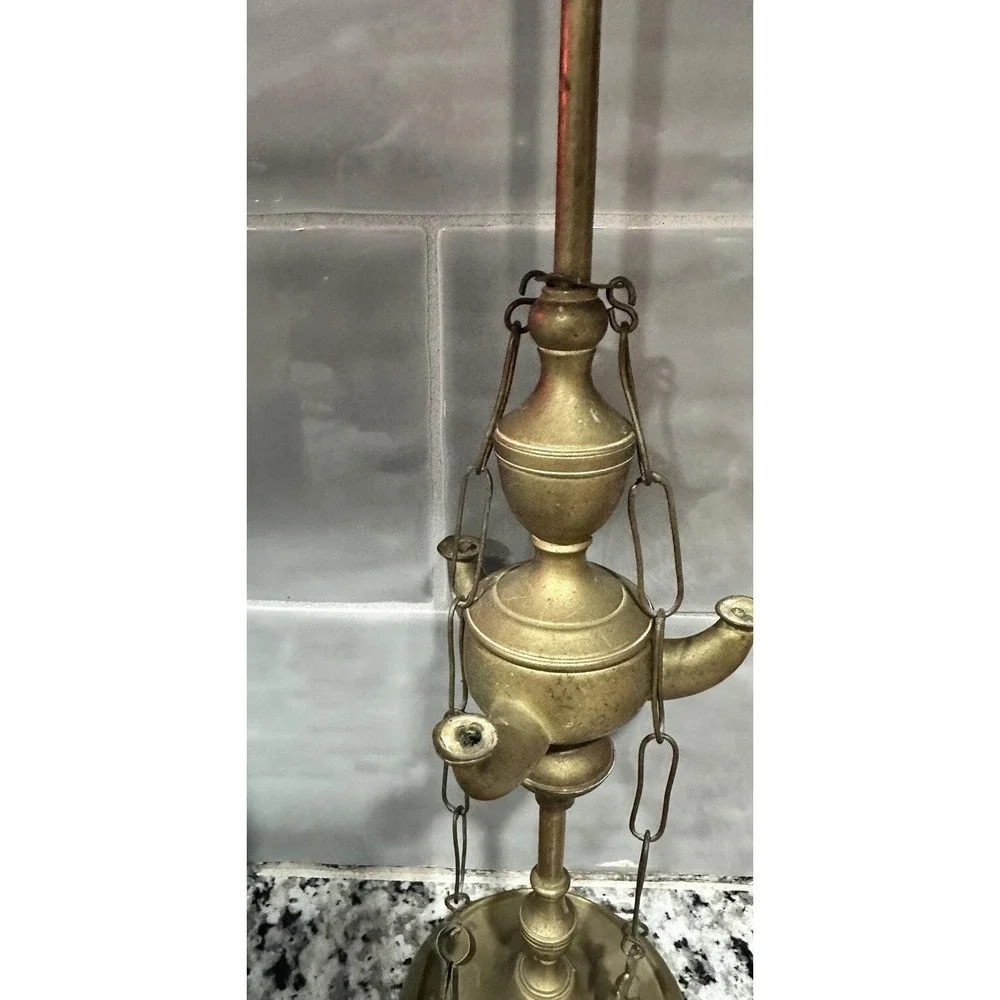 Vintage Brass Lucerna Oil Lamp 3 Wick Italian Style with Hanging Tools 19 Inch
